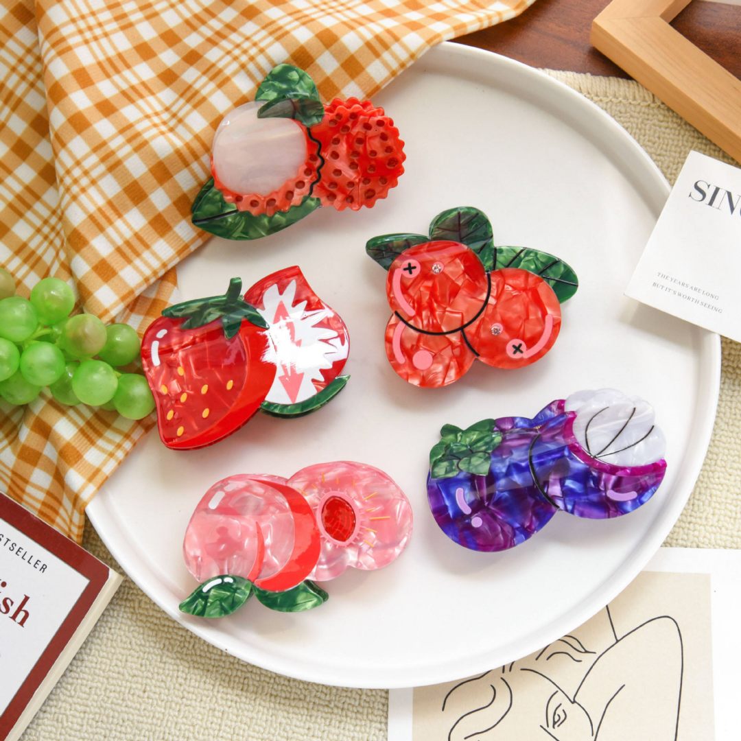Muoti Uusi Sweet Lychee Ympäristöystävällinen mukautettu logo Multi-Fruits 10 cm asetaattiset hiuskynsipidikkeet naisille tytöille Asusteet