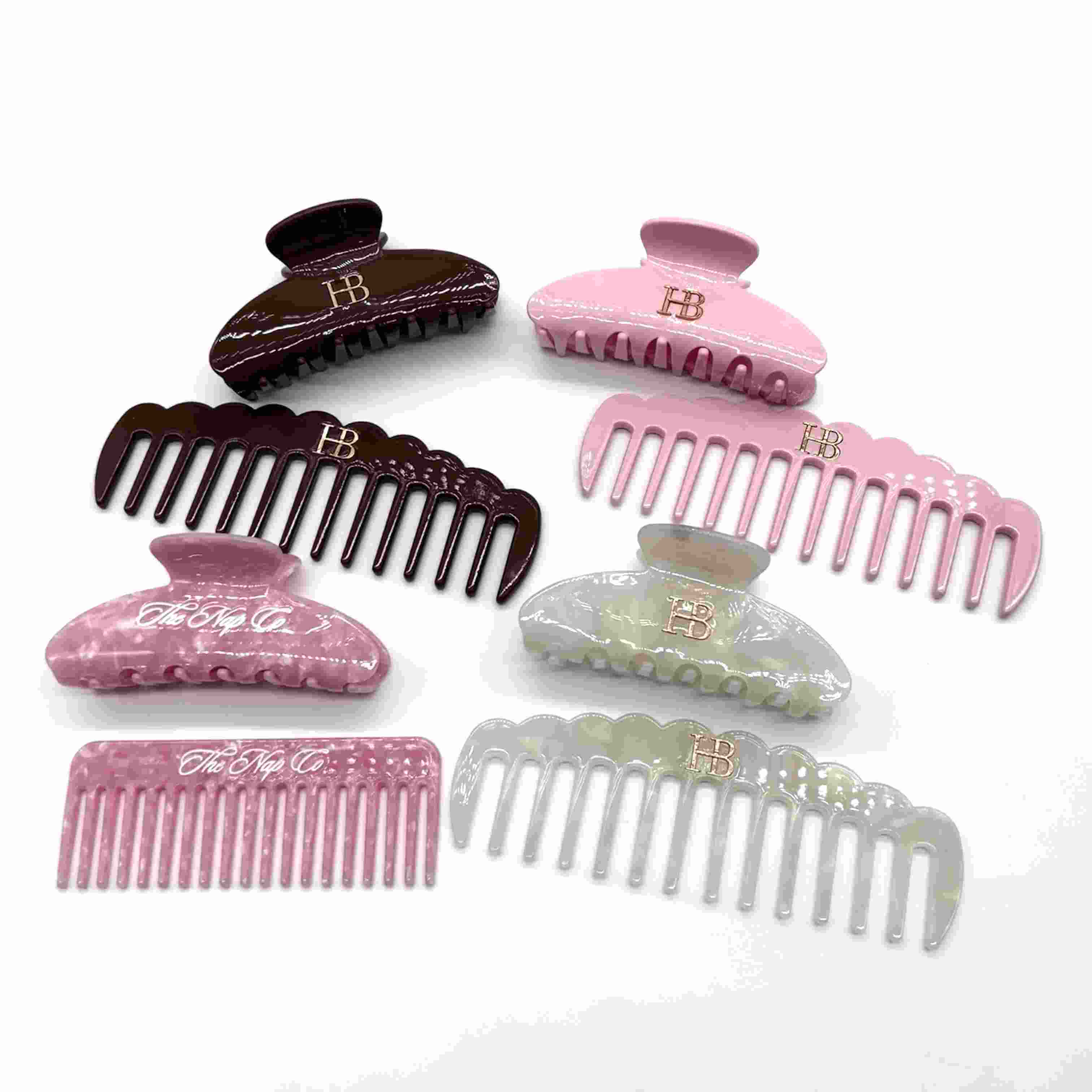 Muoti Naisten Henkilökohtaiset hiusasusteet Custom Logo Acetate Hair Claw Clip & Comb Set salongiin ja hiustenhoitoon