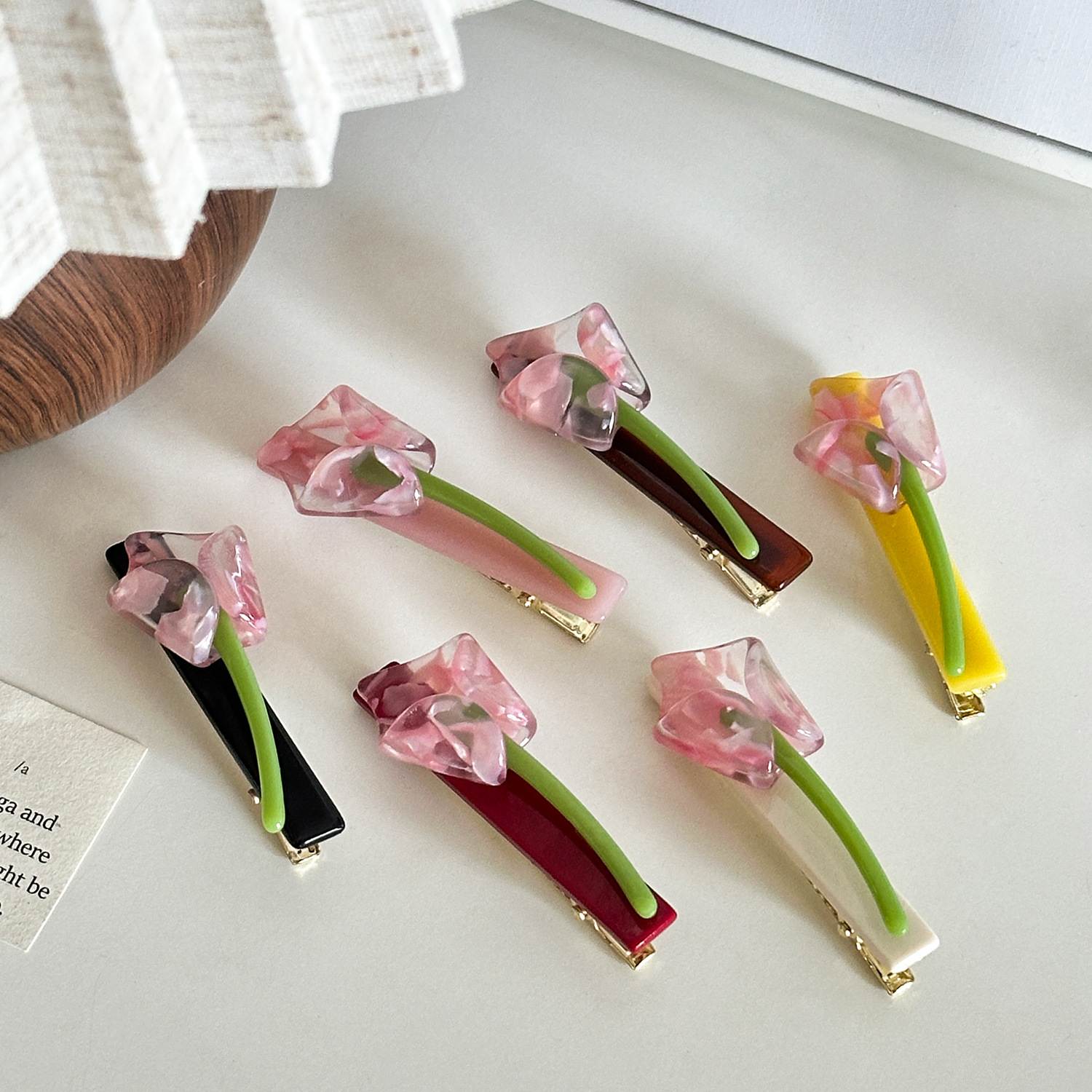 Acetate Pink Flower Tulip Clips No Bend Hairpins for Girls 